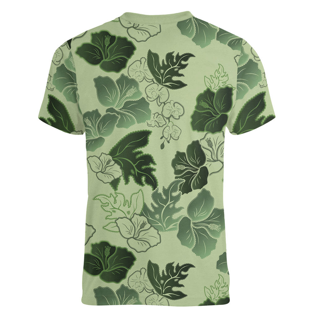 Vesuvian Green Aloha Hawaii Hibiscus Orchid Seamless Women V-Neck T-Shirt