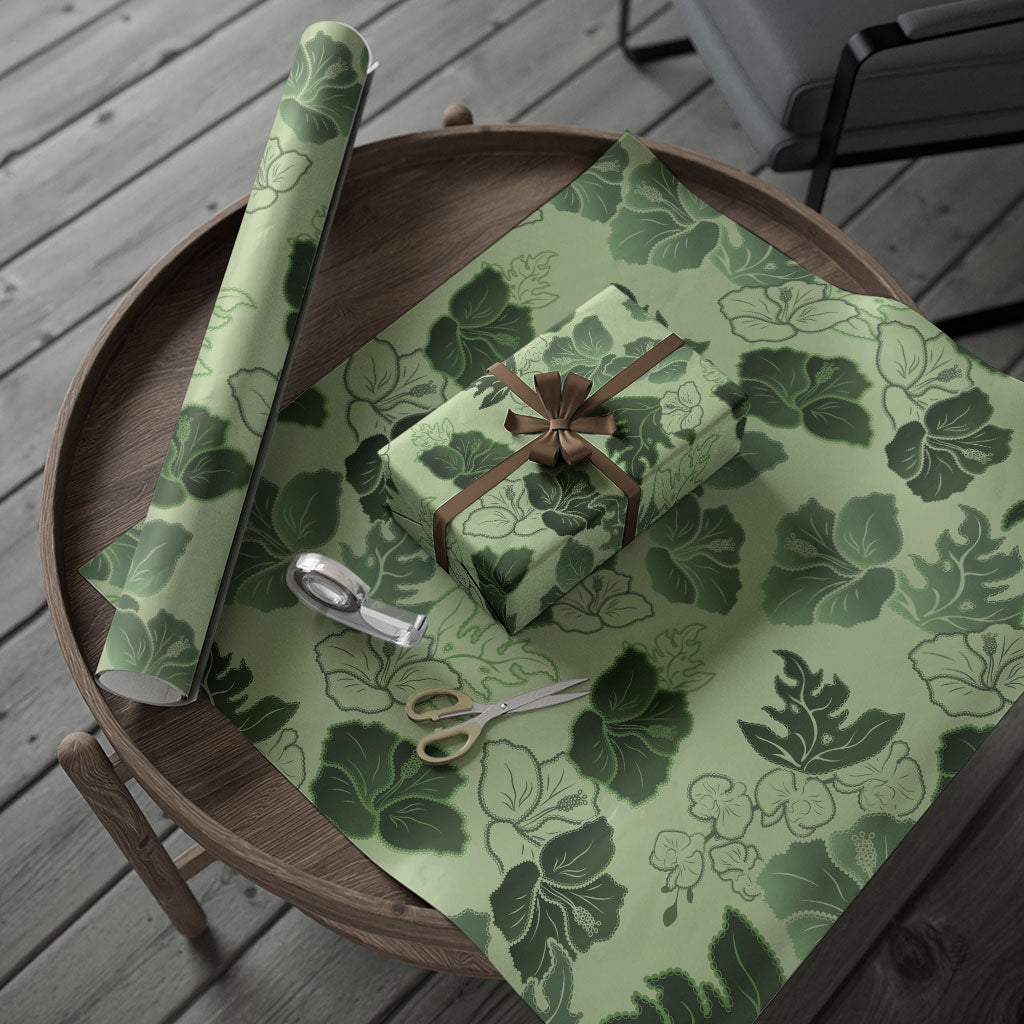 Vesuvian Green Aloha Hawaii Hibiscus Orchid Seamless Wrapping Paper