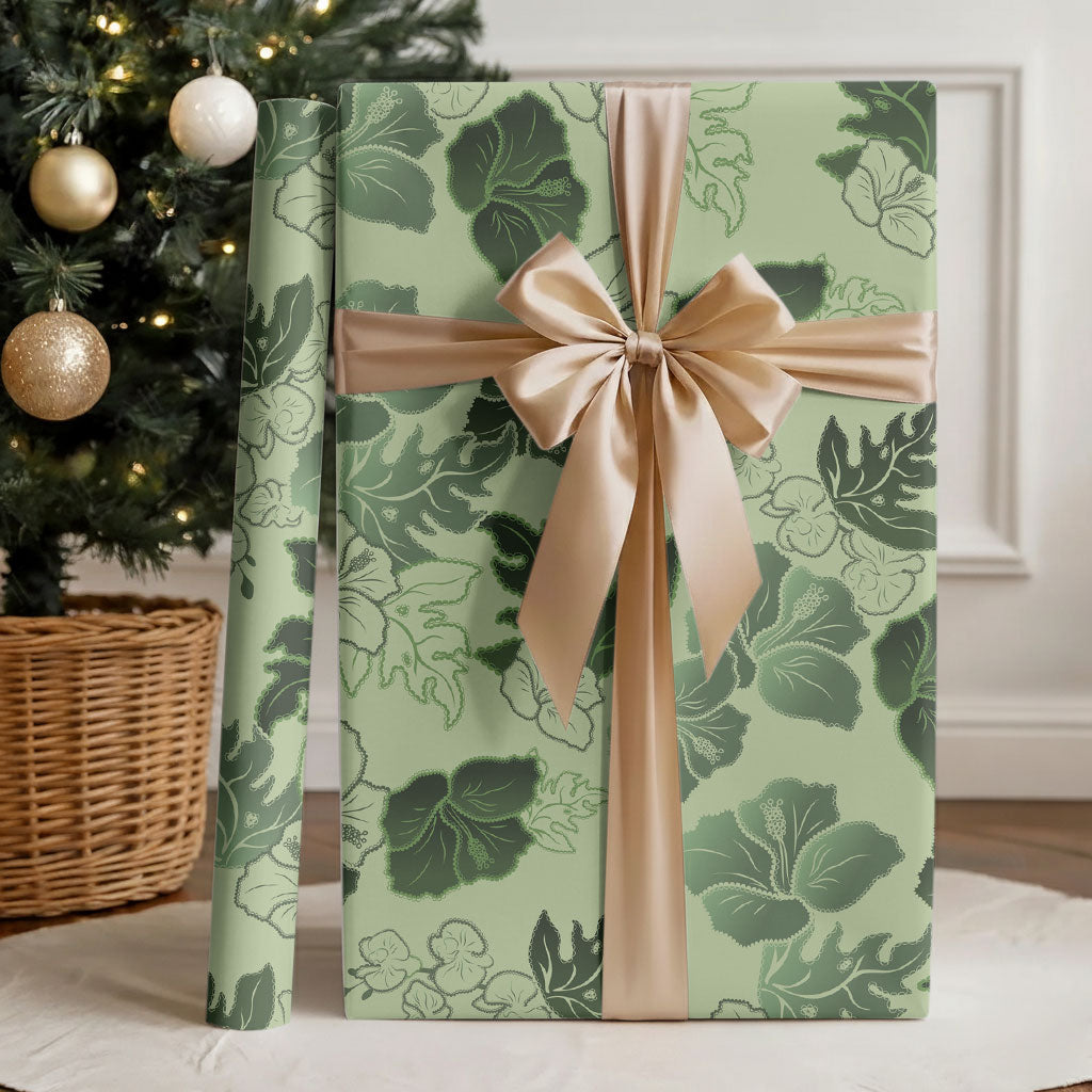 Vesuvian Green Aloha Hawaii Hibiscus Orchid Seamless Wrapping Paper