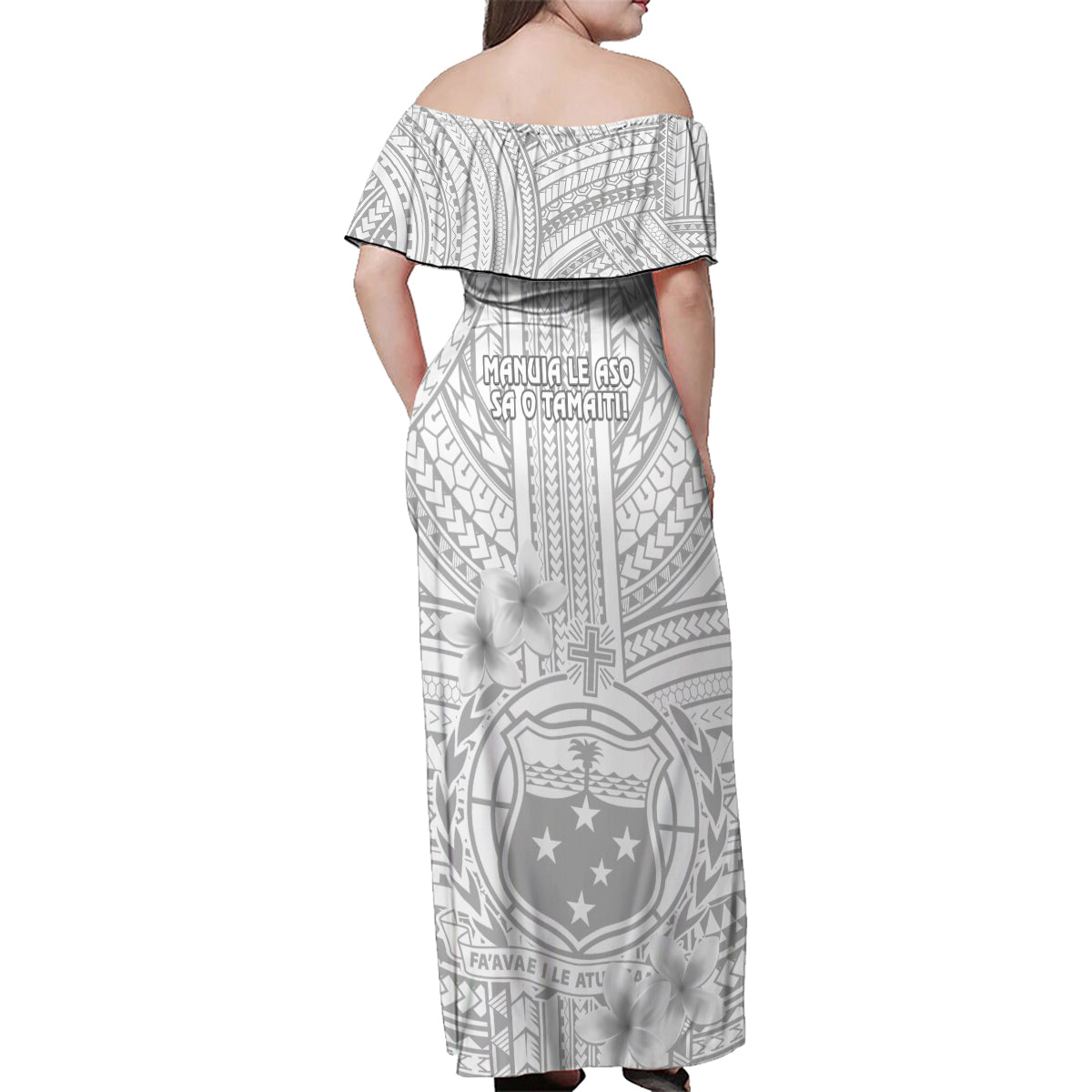 samoa-white-sunday-family-matching-off-shoulder-maxi-dress-and-hawaiian-shirt-manuia-le-aso-sa-o-tamaiti-polynesian-plumeria