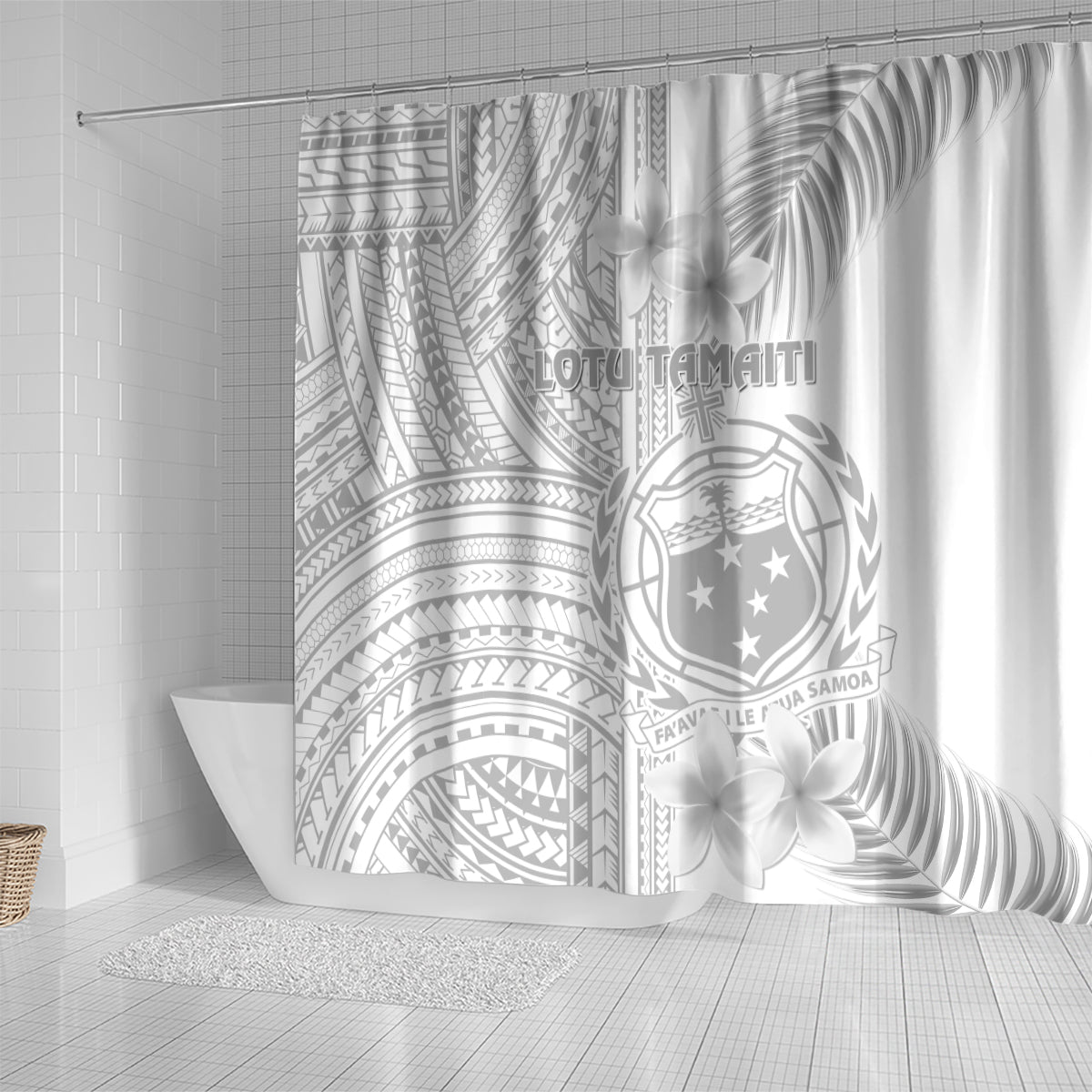 Samoa White Sunday Shower Curtain Manuia le Aso Sa o Tamaiti Polynesian Plumeria LT14 - Polynesian Pride
