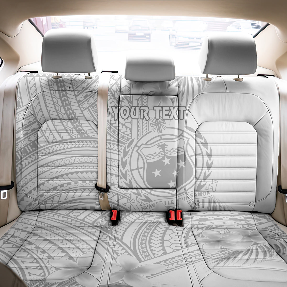 Personalised Samoa White Sunday Back Car Seat Cover Manuia le Aso Sa o Tamaiti Polynesian Plumeria