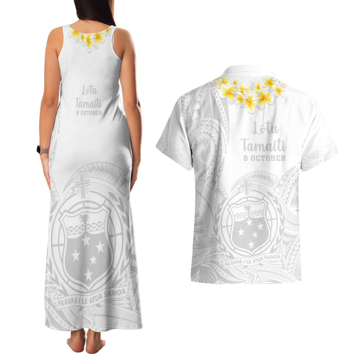 Samoa White Sunday Couples Matching Tank Maxi Dress and Hawaiian Shirt Lotu Tamaiti 2023 With Coat Of Arms LT14 - Polynesian Pride