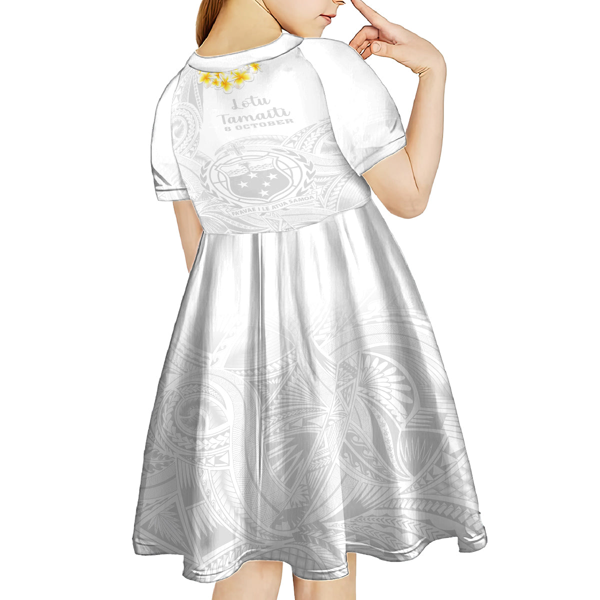 Samoa White Sunday Kid Short Sleeve Dress Lotu Tamaiti 2023 With Coat Of Arms LT14 - Polynesian Pride