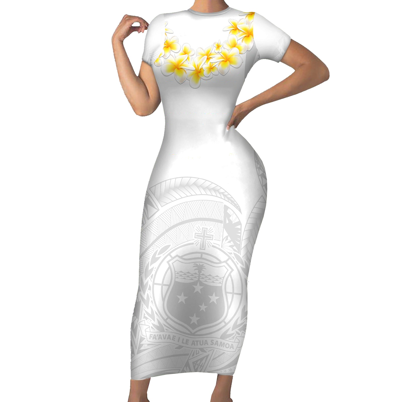 Samoa White Sunday Short Sleeve Bodycon Dress Lotu Tamaiti 2023 With Coat Of Arms LT14 Long Dress White - Polynesian Pride