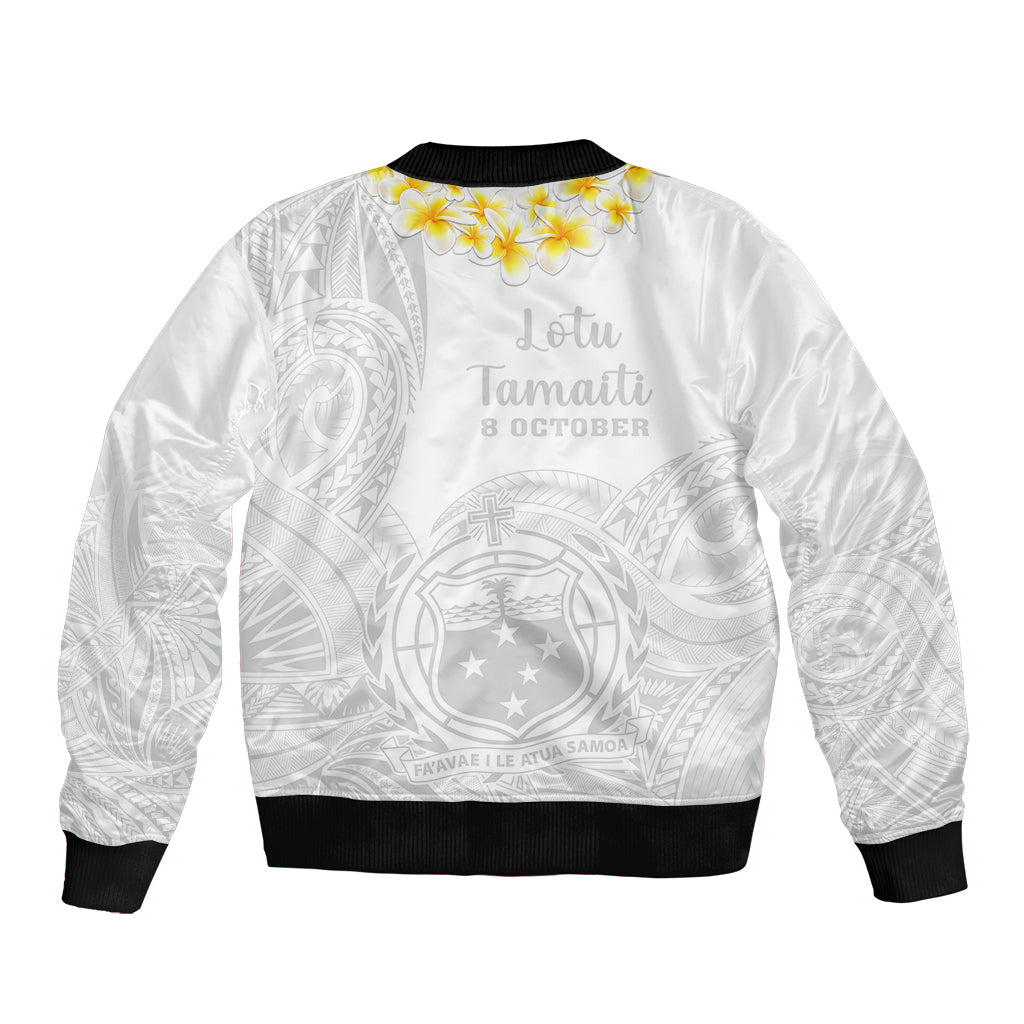 Samoa White Sunday Sleeve Zip Bomber Jacket Lotu Tamaiti 2023 With Coat Of Arms LT14 - Polynesian Pride