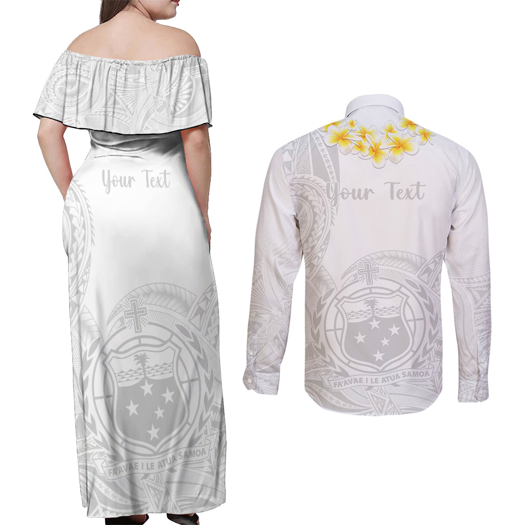 Personalised Samoa White Sunday Couples Matching Off Shoulder Maxi Dress and Long Sleeve Button Shirts Lotu Tamaiti 2023 With Coat Of Arms LT14 - Polynesian Pride