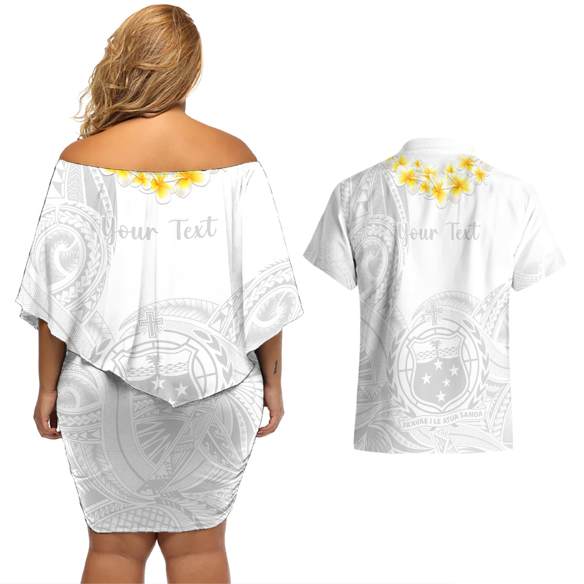 Personalised Samoa White Sunday Couples Matching Off Shoulder Short Dress and Hawaiian Shirt Lotu Tamaiti 2023 With Coat Of Arms LT14 - Polynesian Pride