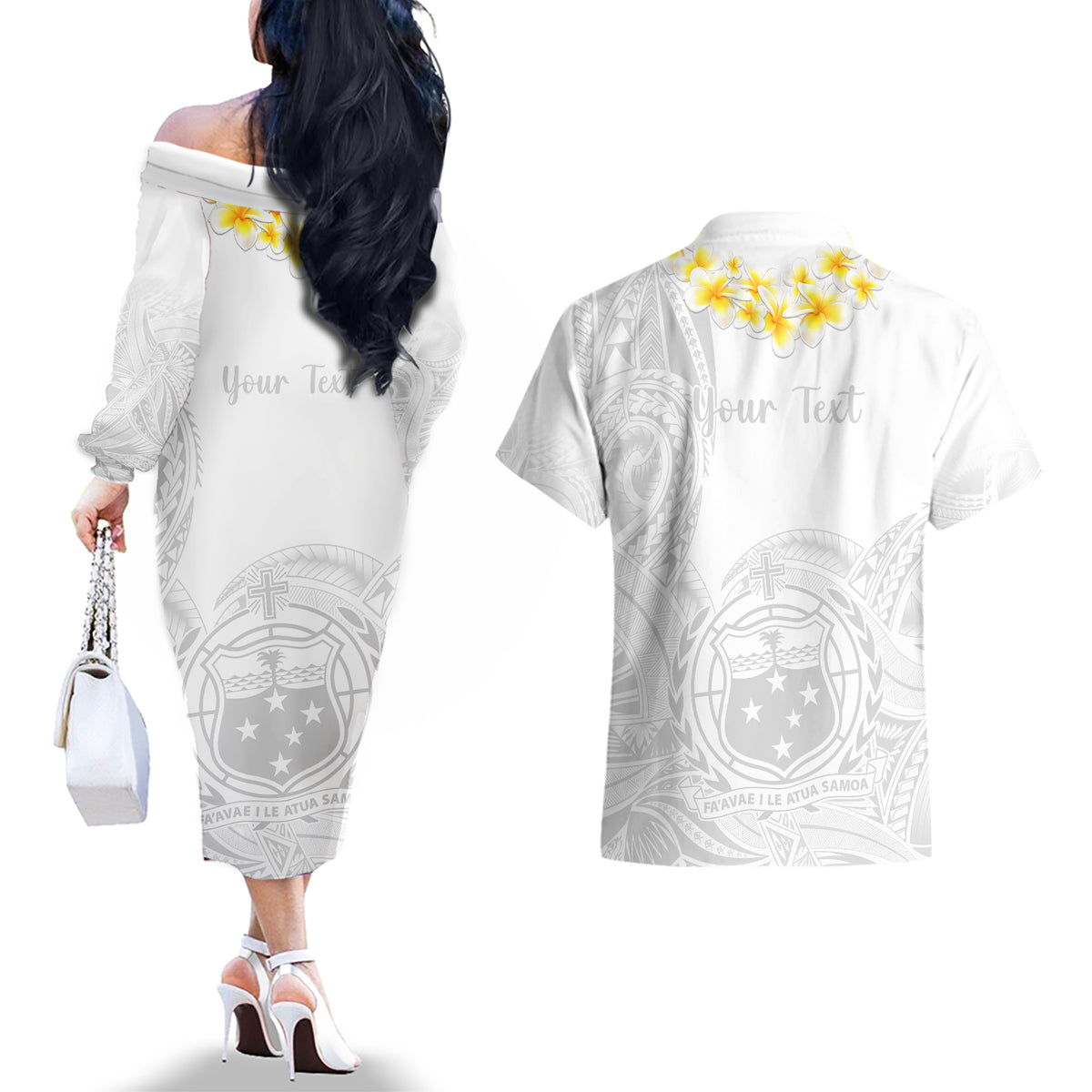 Personalised Samoa White Sunday Couples Matching Off The Shoulder Long Sleeve Dress and Hawaiian Shirt Lotu Tamaiti 2023 With Coat Of Arms LT14 - Polynesian Pride