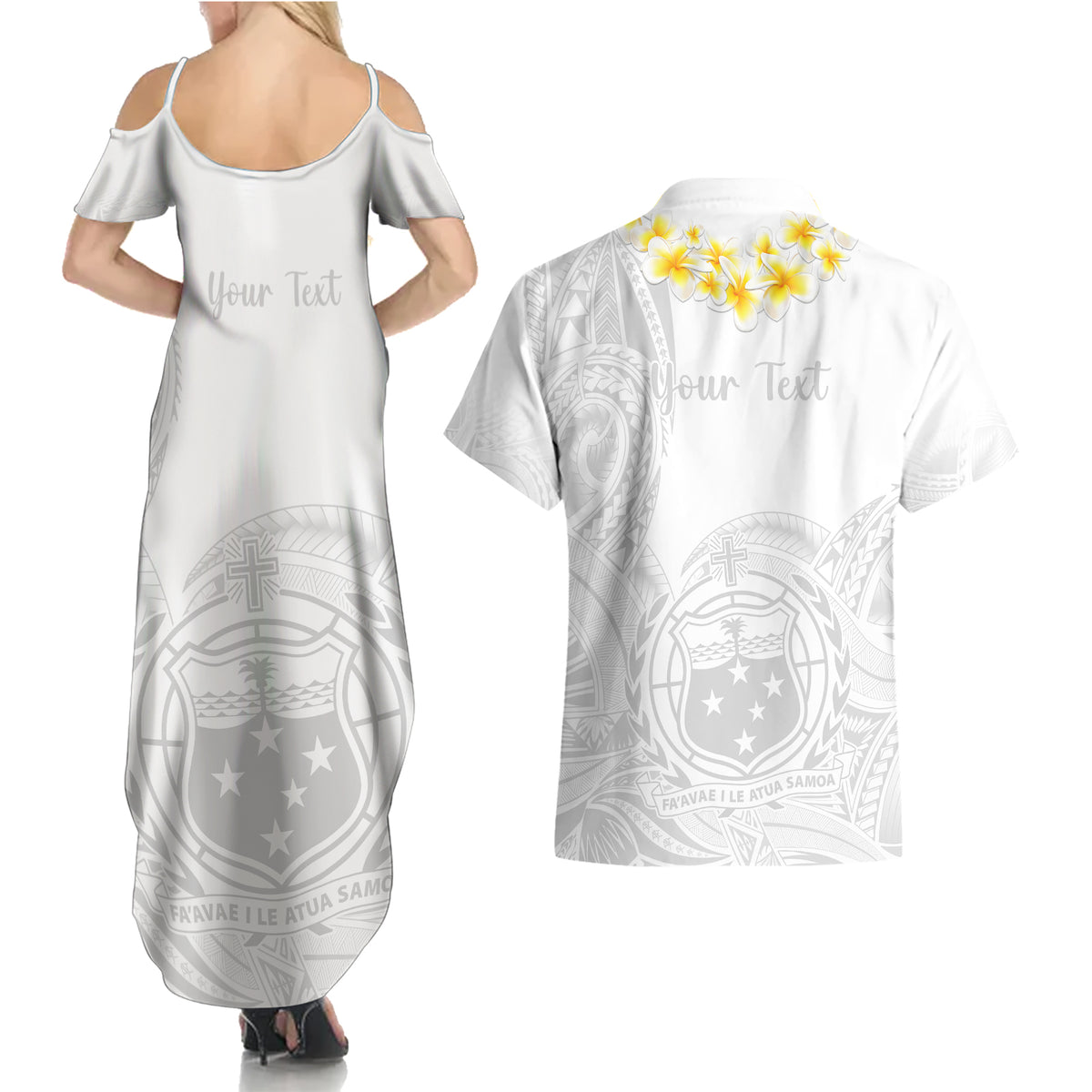 Personalised Samoa White Sunday Couples Matching Summer Maxi Dress and Hawaiian Shirt Lotu Tamaiti 2023 With Coat Of Arms LT14 - Polynesian Pride