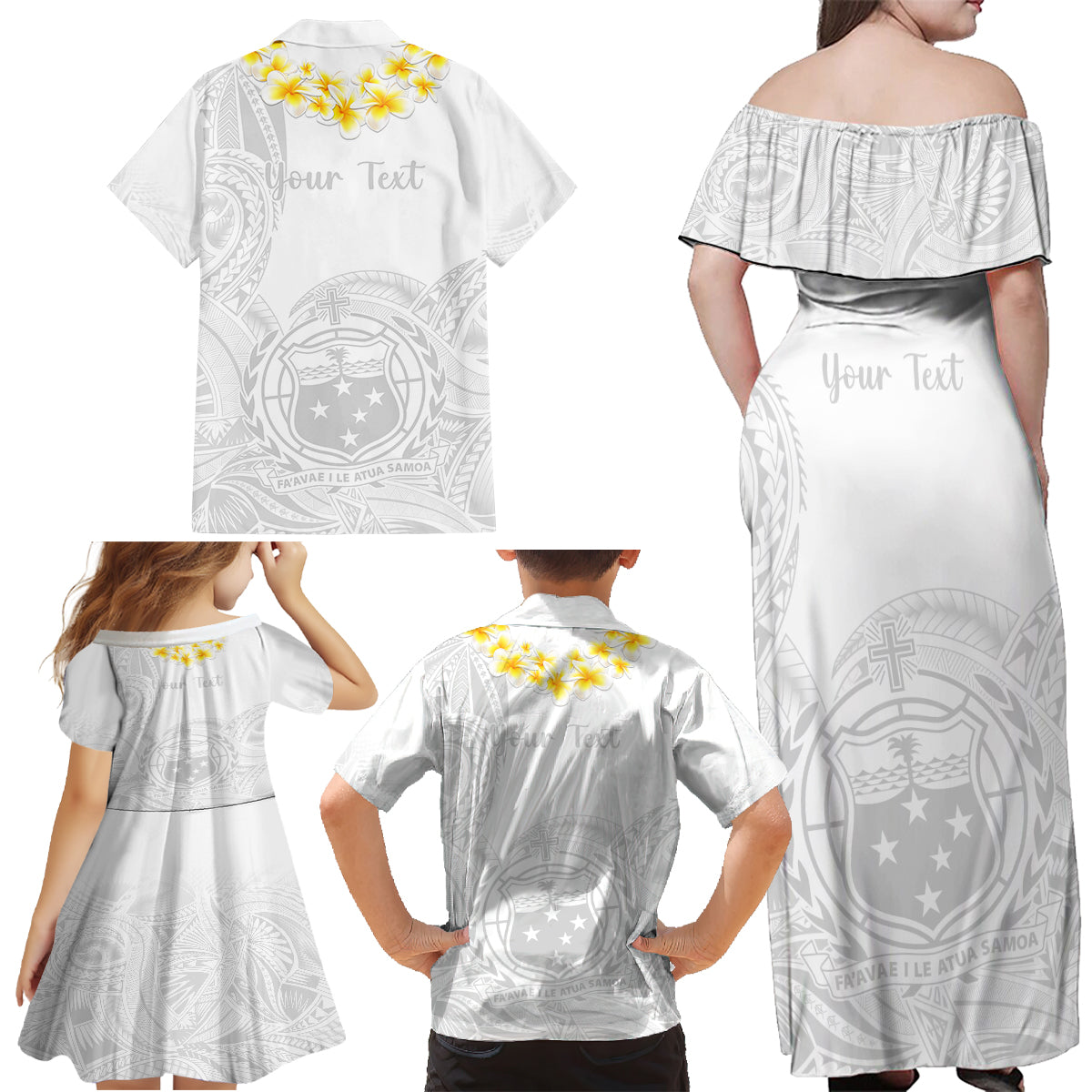 Personalised Samoa White Sunday Family Matching Off Shoulder Maxi Dress and Hawaiian Shirt Lotu Tamaiti 2023 With Coat Of Arms LT14 - Polynesian Pride