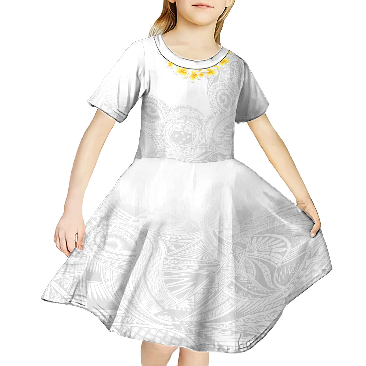 Personalised Samoa White Sunday Kid Short Sleeve Dress Lotu Tamaiti 2023 With Coat Of Arms LT14 - Polynesian Pride