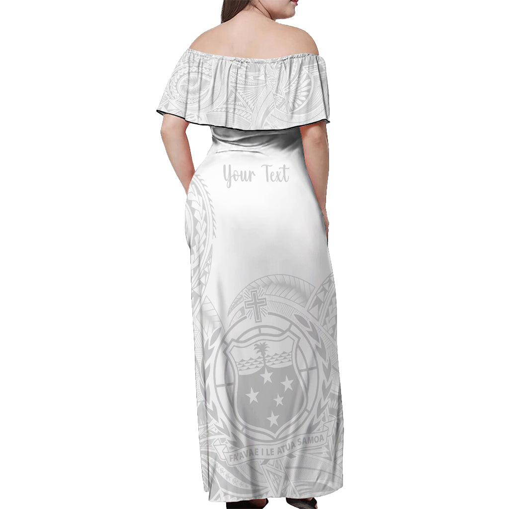 Personalised Samoa White Sunday Off Shoulder Maxi Dress Lotu Tamaiti 2023 With Coat Of Arms LT14 - Polynesian Pride