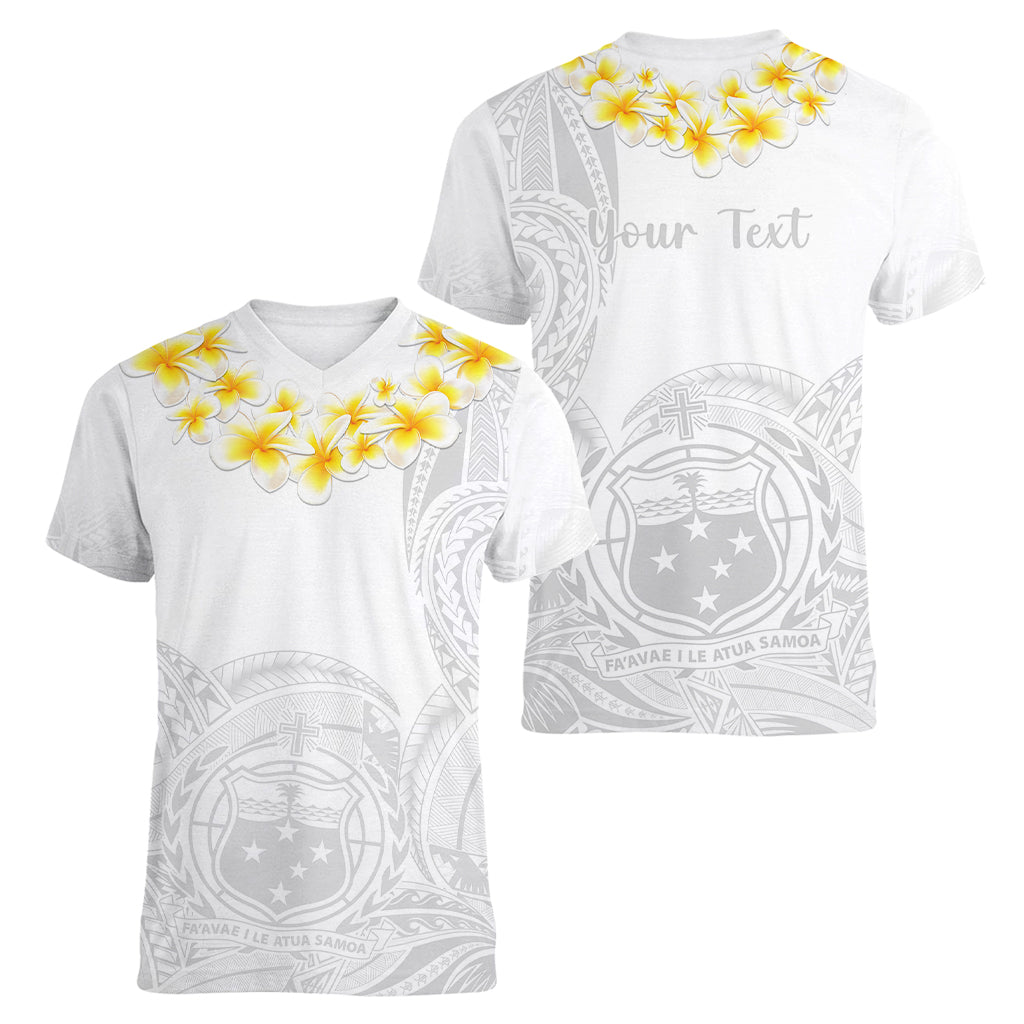 Personalised Samoa White Sunday Women V Neck T Shirt Lotu Tamaiti 2023 With Coat Of Arms LT14 - Polynesian Pride