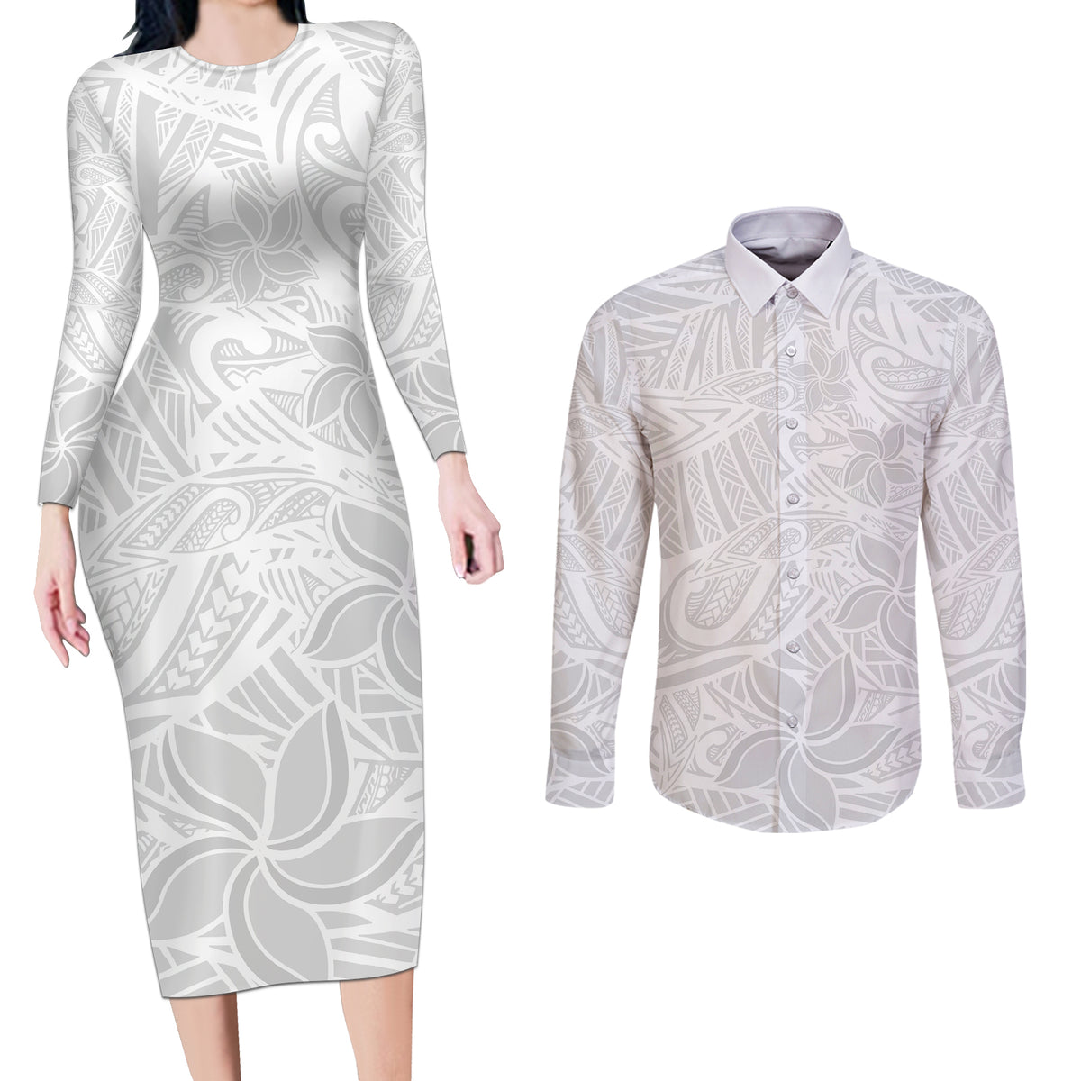 Polynesia White Sunday Couples Matching Long Sleeve Bodycon Dress and Long Sleeve Button Shirts Polynesian Pattern With Tropical Flowers LT14 White - Polynesian Pride