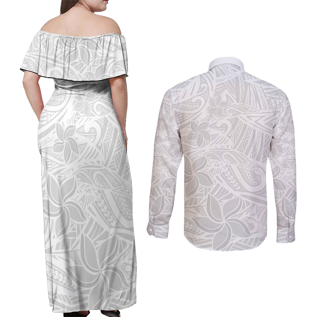 Polynesia White Sunday Couples Matching Off Shoulder Maxi Dress and Long Sleeve Button Shirts Polynesian Pattern With Tropical Flowers LT14 - Polynesian Pride