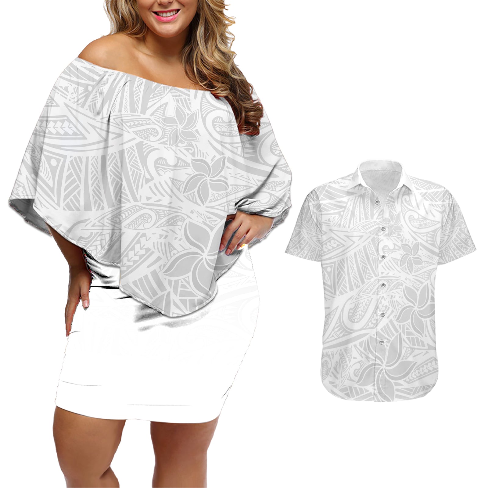 Polynesia White Sunday Couples Matching Off Shoulder Short Dress and Hawaiian Shirt Polynesian Pattern With Tropical Flowers LT14 White - Polynesian Pride
