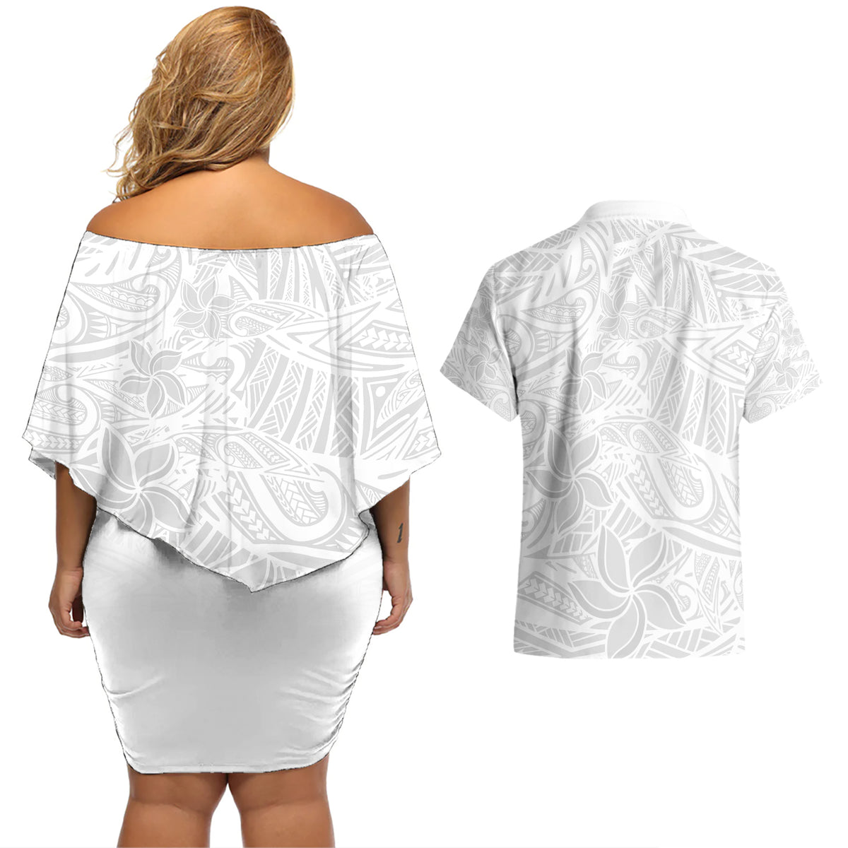 Polynesia White Sunday Couples Matching Off Shoulder Short Dress and Hawaiian Shirt Polynesian Pattern With Tropical Flowers LT14 - Polynesian Pride