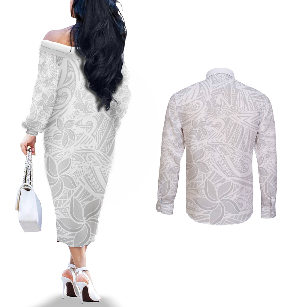 Polynesia White Sunday Couples Matching Off The Shoulder Long Sleeve Dress and Long Sleeve Button Shirts Polynesian Pattern With Tropical Flowers LT14 - Polynesian Pride