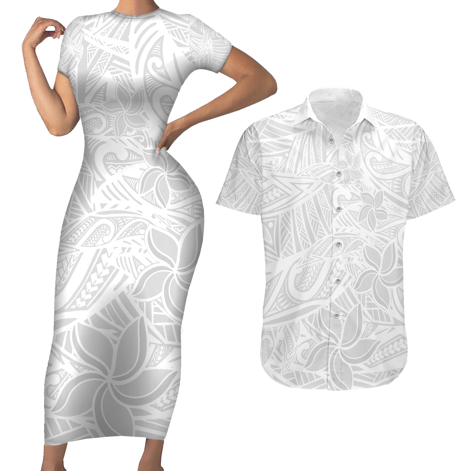 Polynesia White Sunday Couples Matching Short Sleeve Bodycon Dress and Hawaiian Shirt Polynesian Pattern With Tropical Flowers LT14 White - Polynesian Pride