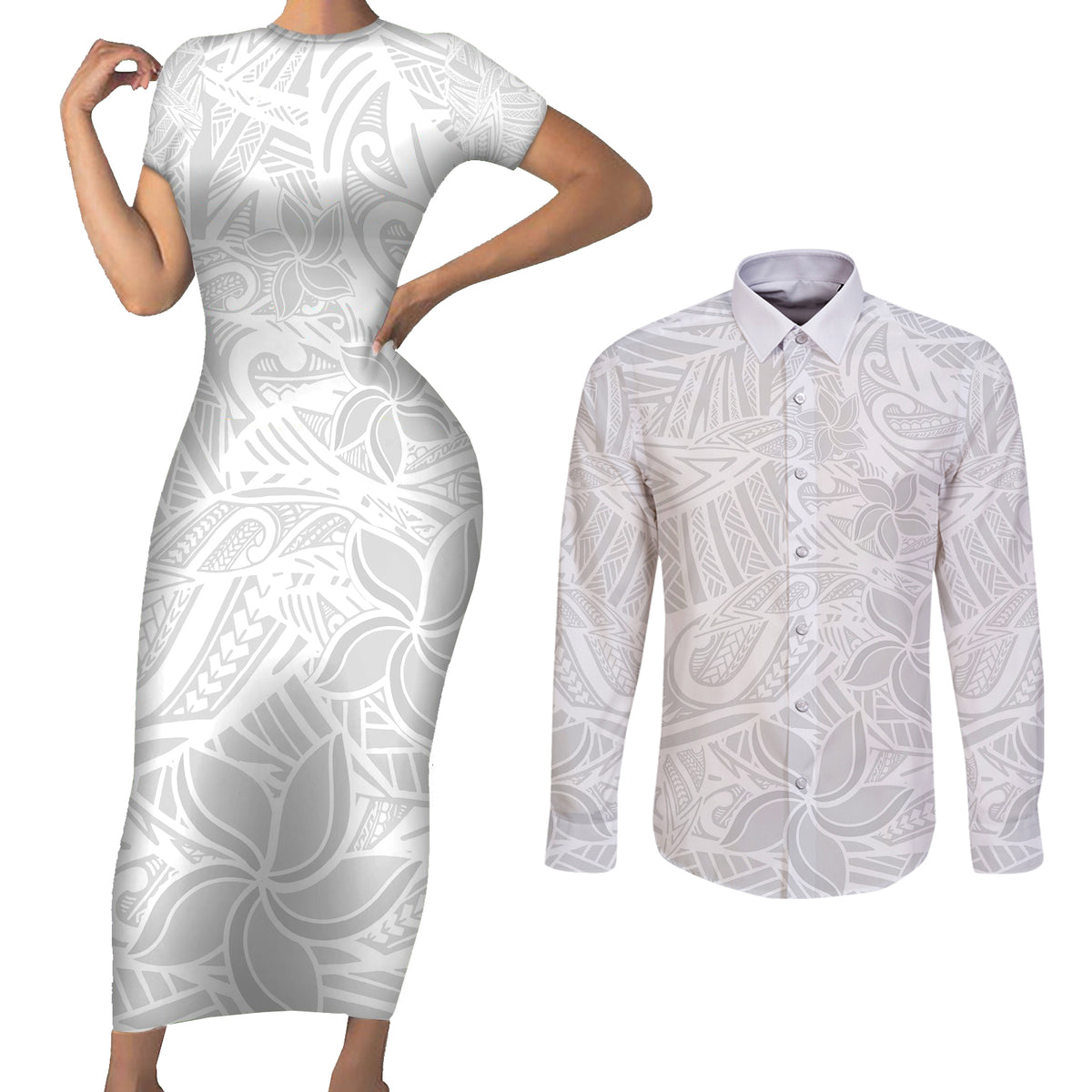 Polynesia White Sunday Couples Matching Short Sleeve Bodycon Dress and Long Sleeve Button Shirts Polynesian Pattern With Tropical Flowers LT14 White - Polynesian Pride