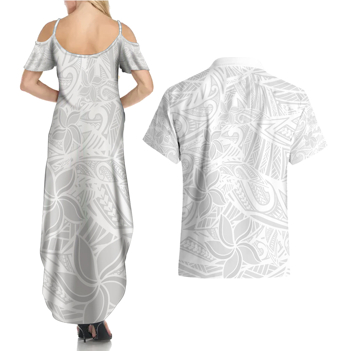 Polynesia White Sunday Couples Matching Summer Maxi Dress and Hawaiian Shirt Polynesian Pattern With Tropical Flowers LT14 - Polynesian Pride