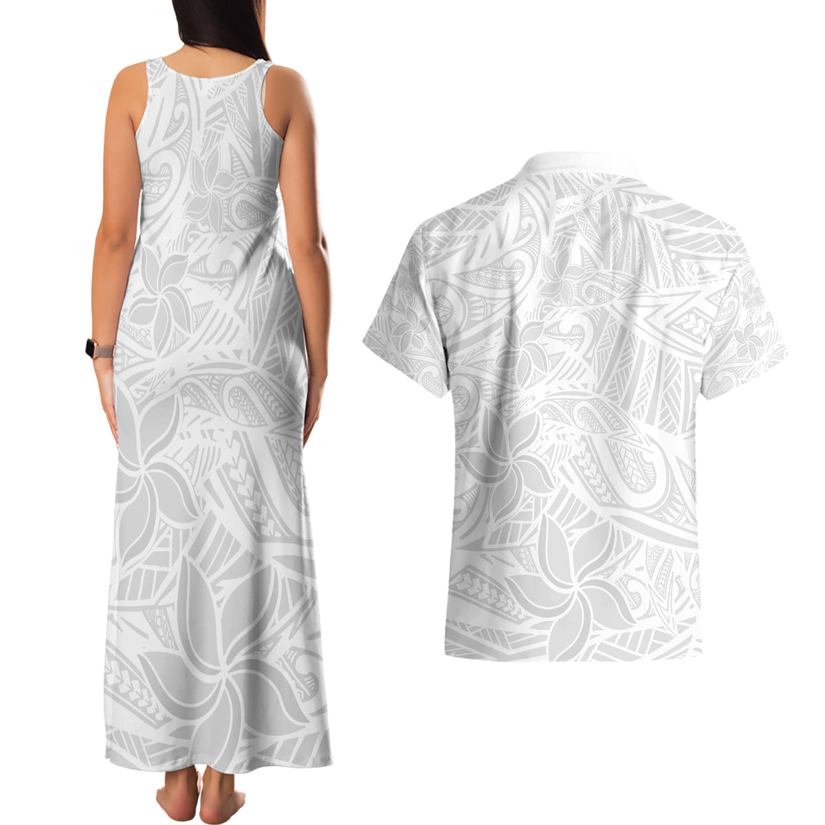 Polynesia White Sunday Couples Matching Tank Maxi Dress and Hawaiian Shirt Polynesian Pattern With Tropical Flowers LT14 - Polynesian Pride