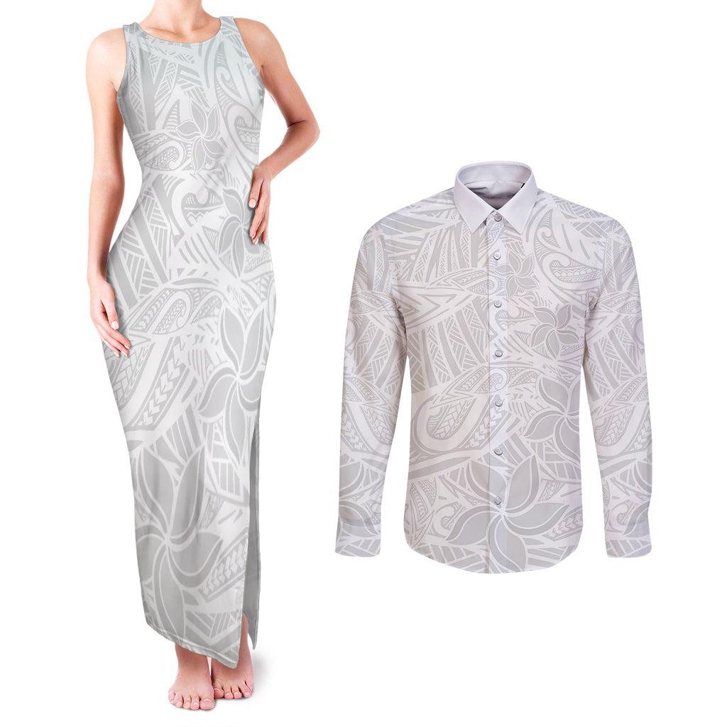 Polynesia White Sunday Couples Matching Tank Maxi Dress and Long Sleeve Button Shirts Polynesian Pattern With Tropical Flowers LT14 White - Polynesian Pride