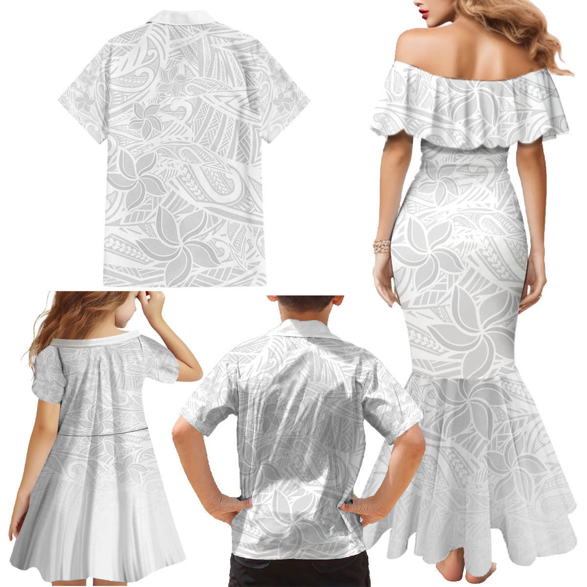 Polynesia White Sunday Family Matching Mermaid Dress and Hawaiian Shirt Polynesian Pattern With Tropical Flowers LT14 - Polynesian Pride