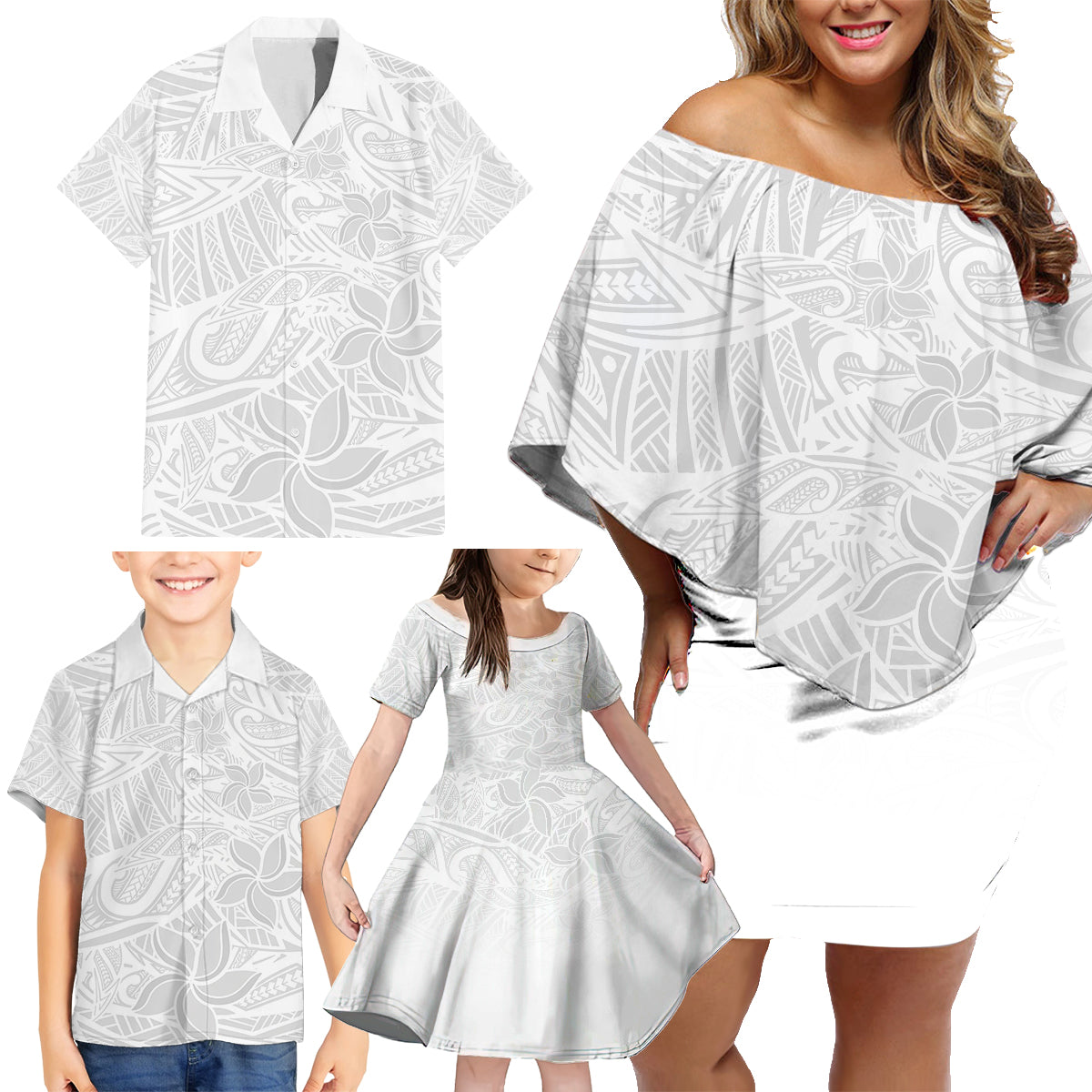 Polynesia White Sunday Family Matching Off Shoulder Short Dress and Hawaiian Shirt Polynesian Pattern With Tropical Flowers LT14 - Polynesian Pride