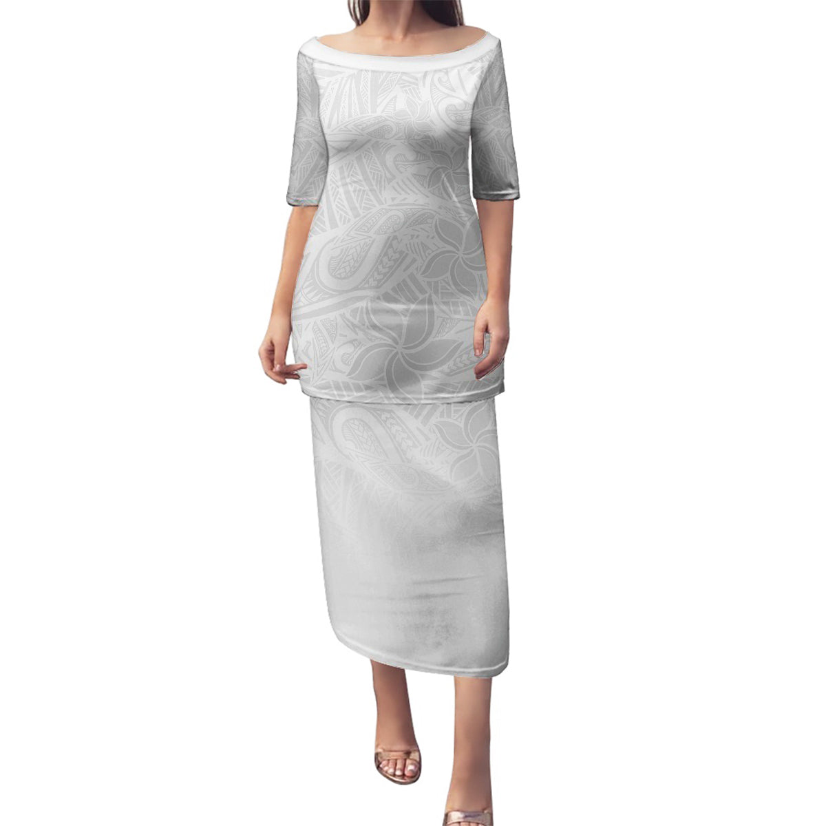 Polynesia White Sunday Family Matching Puletasi Dress and Hawaiian Shirt Polynesian Pattern With Tropical Flowers LT14 Mom's Dress White - Polynesian Pride