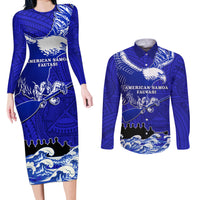 Personalised American Samoa Fautasi Race Couples Matching Long Sleeve Bodycon Dress and Long Sleeve Button Shirts Eagle With Polynesian Pattern LT14 Blue - Polynesian Pride