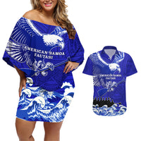 Personalised American Samoa Fautasi Race Couples Matching Off Shoulder Short Dress and Hawaiian Shirt Eagle With Polynesian Pattern LT14 Blue - Polynesian Pride