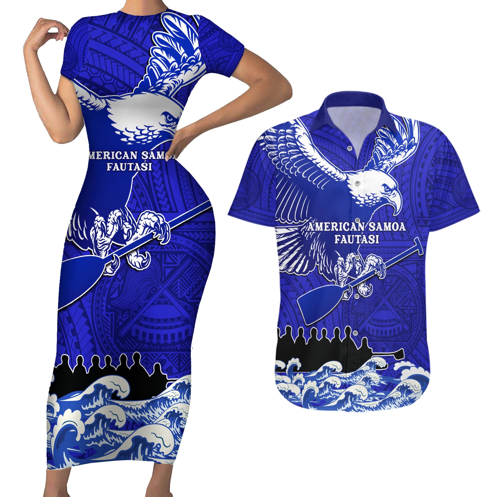 Personalised American Samoa Fautasi Race Couples Matching Short Sleeve Bodycon Dress and Hawaiian Shirt Eagle With Polynesian Pattern LT14 Blue - Polynesian Pride