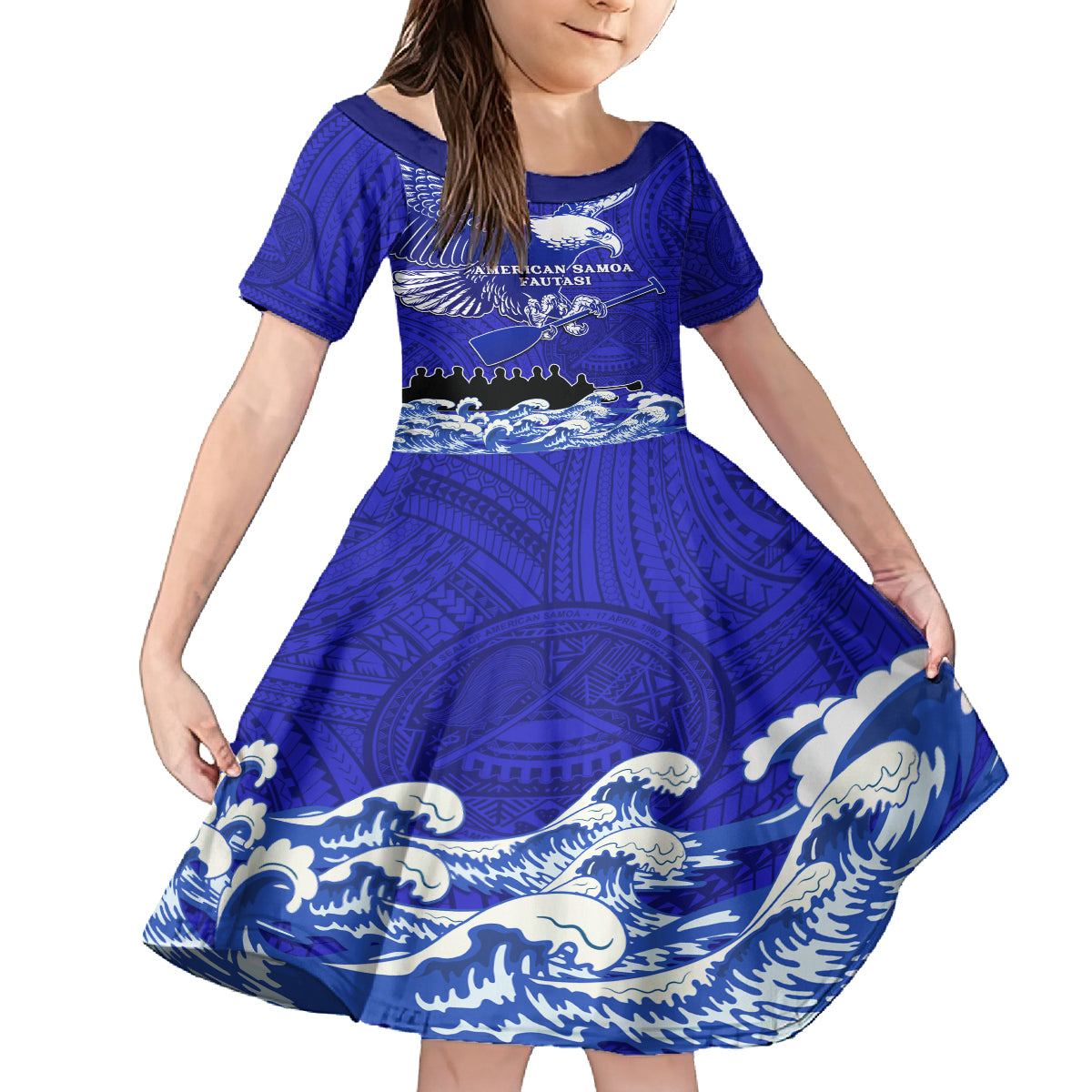 Personalised American Samoa Fautasi Race Family Matching Off Shoulder Maxi Dress and Hawaiian Shirt Eagle With Polynesian Pattern LT14 Daughter's Dress Blue - Polynesian Pride