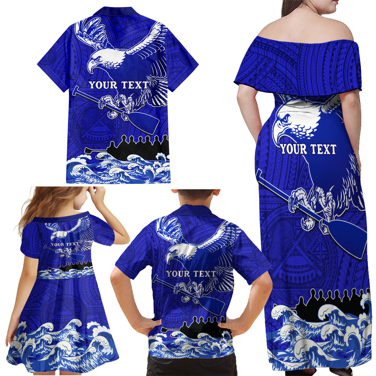 Personalised American Samoa Fautasi Race Family Matching Off Shoulder Maxi Dress and Hawaiian Shirt Eagle With Polynesian Pattern LT14 - Polynesian Pride