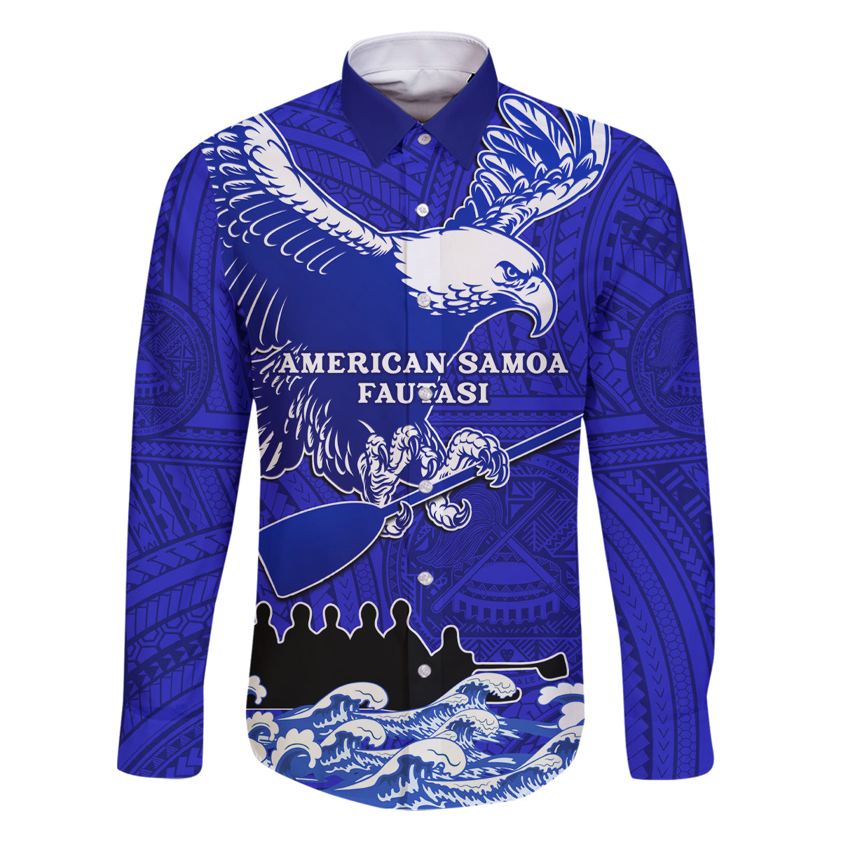 Personalised American Samoa Fautasi Race Family Matching Tank Maxi Dress and Hawaiian Shirt Eagle With Polynesian Pattern LT14 Dad's Shirt - Long Sleeve Blue - Polynesian Pride