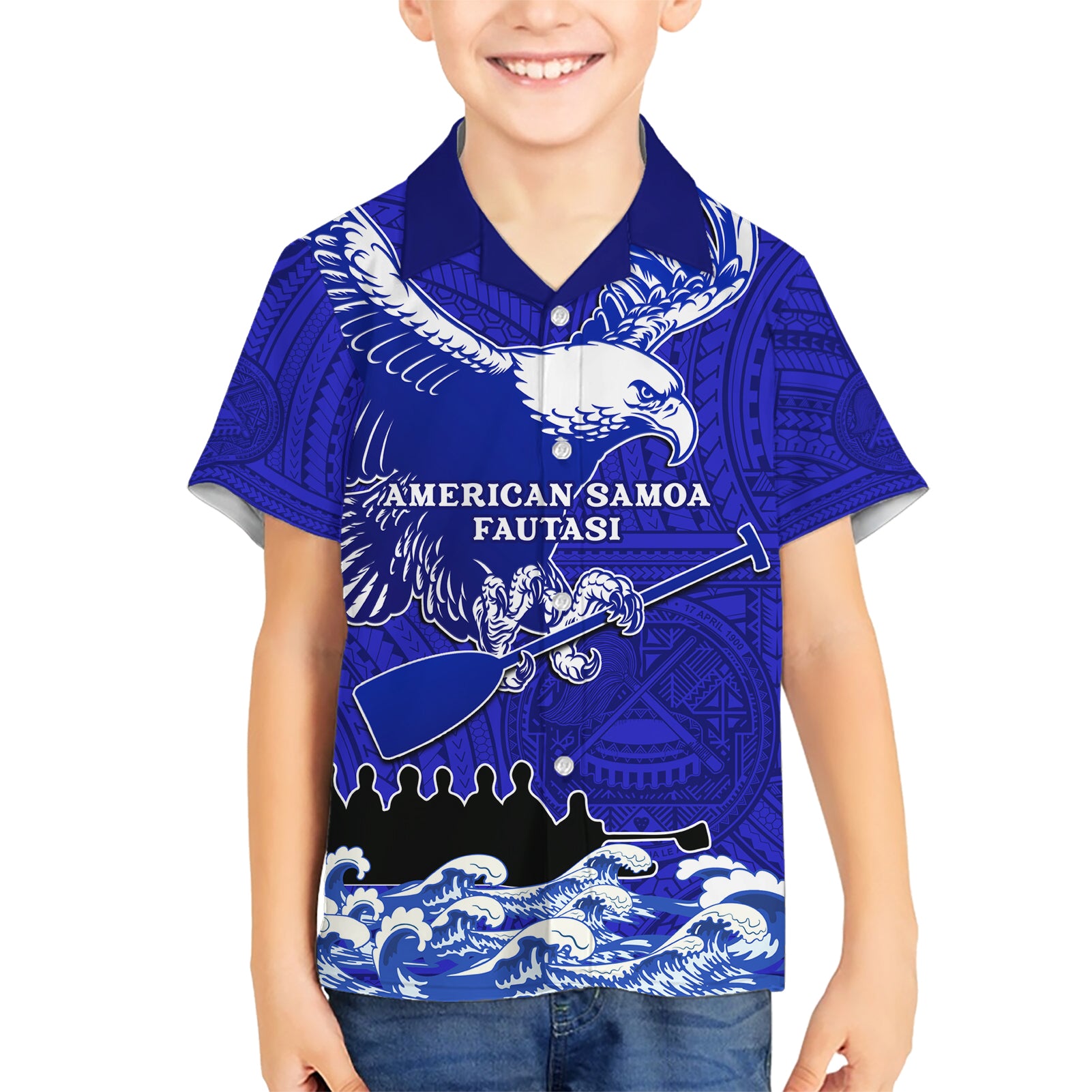 Personalised American Samoa Fautasi Race Kid Hawaiian Shirt Eagle With Polynesian Pattern LT14 Kid Blue - Polynesian Pride