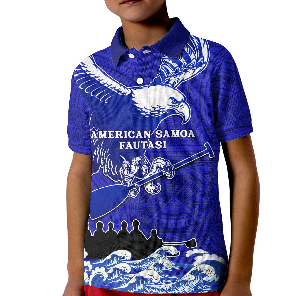 Personalised American Samoa Fautasi Race Kid Polo Shirt Eagle With Polynesian Pattern LT14 Kid Blue - Polynesian Pride