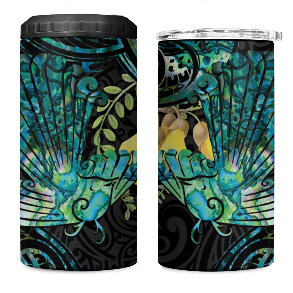 New Zealand Fantail Bird 4 in 1 Can Cooler Tumbler Maori Piwakawaka Kowhai - Paua Shell Pattern