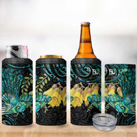 New Zealand Fantail Bird 4 in 1 Can Cooler Tumbler Maori Piwakawaka Kowhai - Paua Shell Pattern