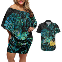 New Zealand Fantail Bird Couples Matching Off Shoulder Short Dress and Hawaiian Shirt Maori Piwakawaka Kowhai - Paua Shell Pattern LT14 Green - Polynesian Pride
