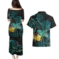 New Zealand Fantail Bird Couples Matching Puletasi and Hawaiian Shirt Maori Piwakawaka Kowhai - Paua Shell Pattern LT14 - Polynesian Pride