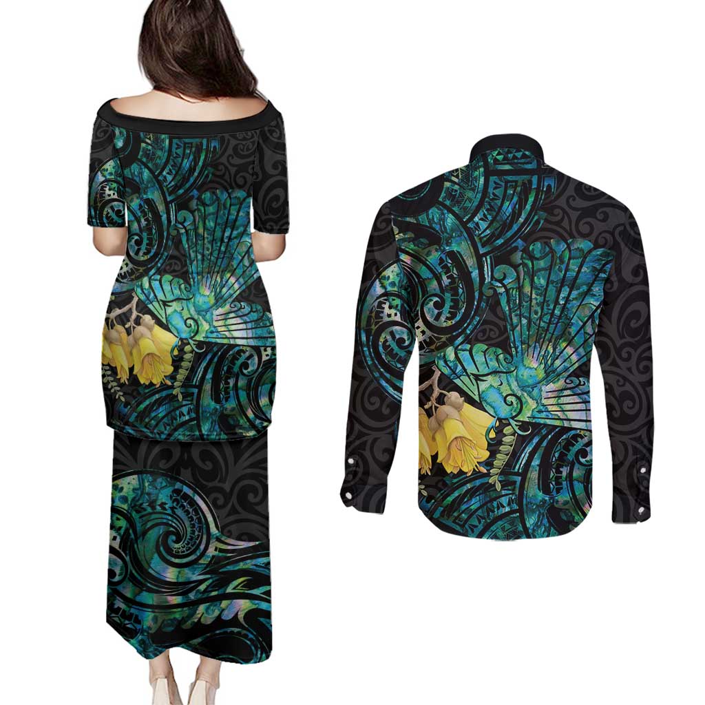 New Zealand Fantail Bird Couples Matching Puletasi and Long Sleeve Button Shirt Maori Piwakawaka Kowhai - Paua Shell Pattern LT14 - Polynesian Pride