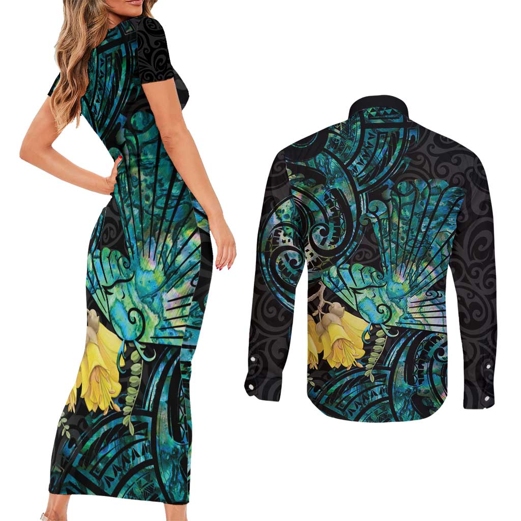 New Zealand Fantail Bird Couples Matching Short Sleeve Bodycon Dress and Long Sleeve Button Shirt Maori Piwakawaka Kowhai - Paua Shell Pattern LT14 - Polynesian Pride