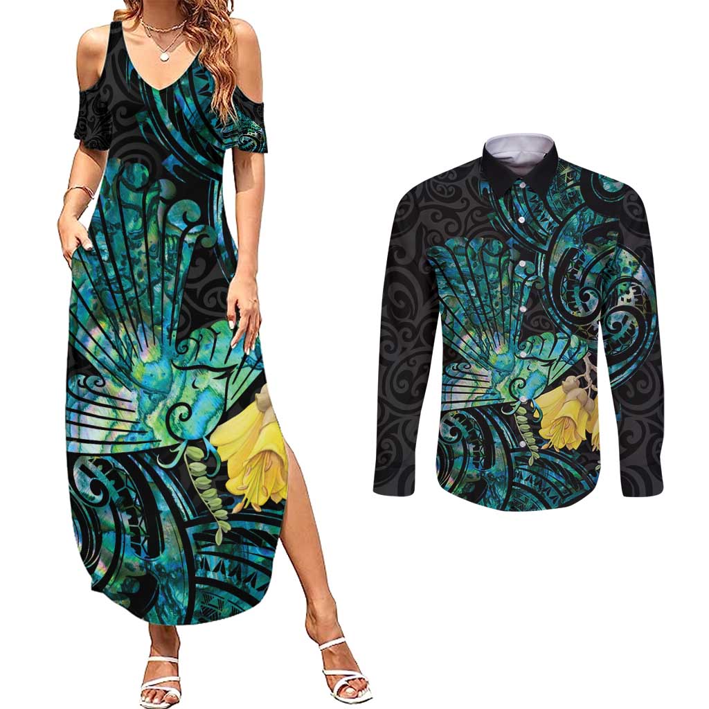New Zealand Fantail Bird Couples Matching Summer Maxi Dress and Long Sleeve Button Shirt Maori Piwakawaka Kowhai - Paua Shell Pattern LT14 Green - Polynesian Pride
