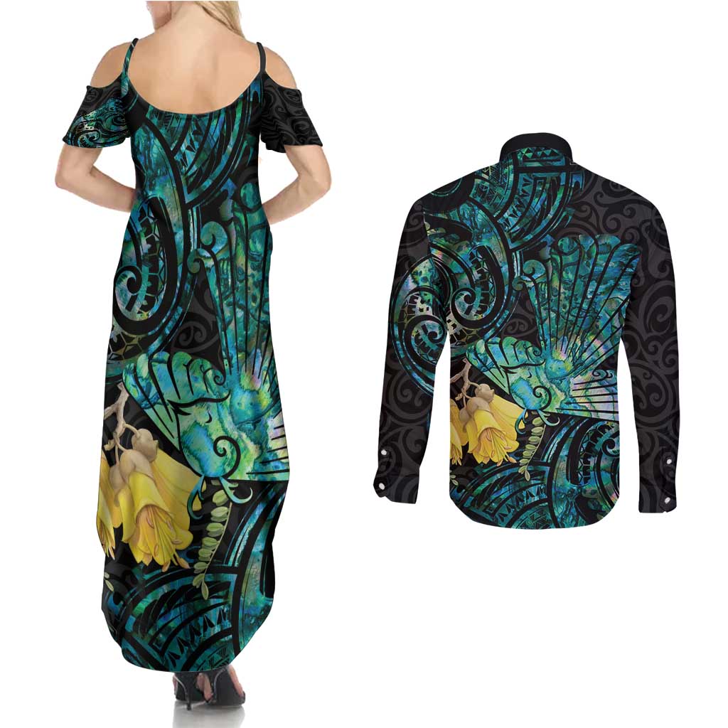 New Zealand Fantail Bird Couples Matching Summer Maxi Dress and Long Sleeve Button Shirt Maori Piwakawaka Kowhai - Paua Shell Pattern LT14 - Polynesian Pride