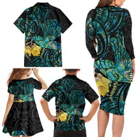 New Zealand Fantail Bird Family Matching Long Sleeve Bodycon Dress and Hawaiian Shirt Maori Piwakawaka Kowhai - Paua Shell Pattern LT14 - Polynesian Pride