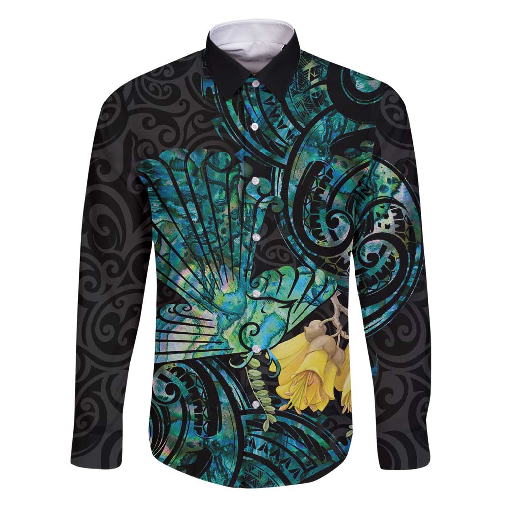 New Zealand Fantail Bird Family Matching Long Sleeve Bodycon Dress and Hawaiian Shirt Maori Piwakawaka Kowhai - Paua Shell Pattern LT14 Dad's Shirt - Long Sleeve Green - Polynesian Pride