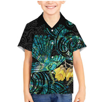 New Zealand Fantail Bird Family Matching Mermaid Dress and Hawaiian Shirt Maori Piwakawaka Kowhai - Paua Shell Pattern LT14 Son's Shirt Green - Polynesian Pride